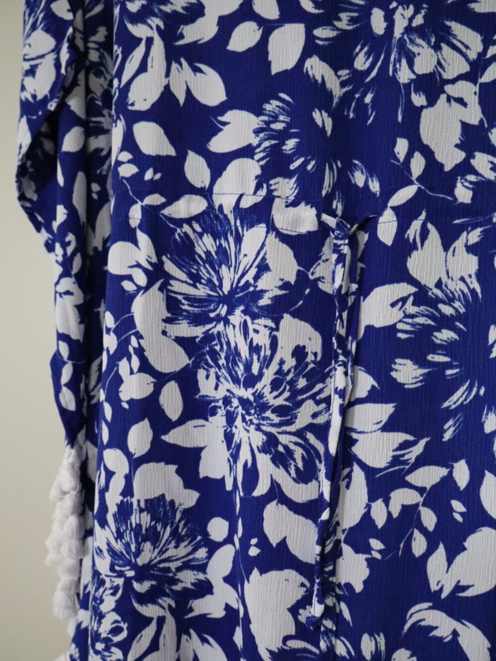 Blue and White Floral Swimsuit Cover Up with Tassels - Picture 3 of 6